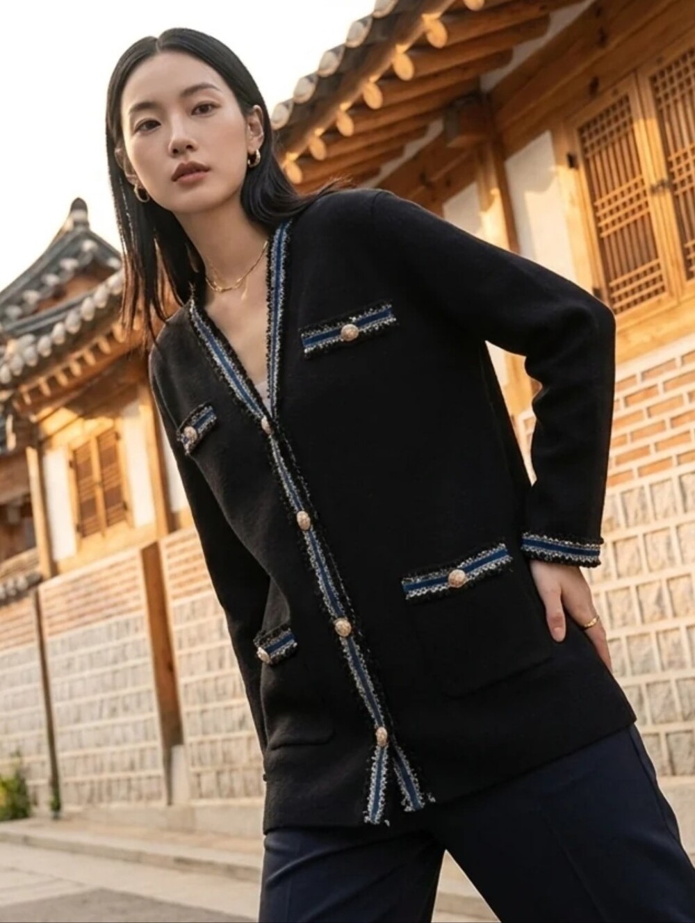 Maje Myster Striped Metallic Trimmed Kinit Cardigan In Black
